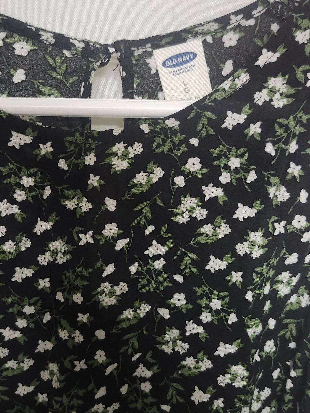 Old Navy Black Tank with White Floral & Green Leaf Print